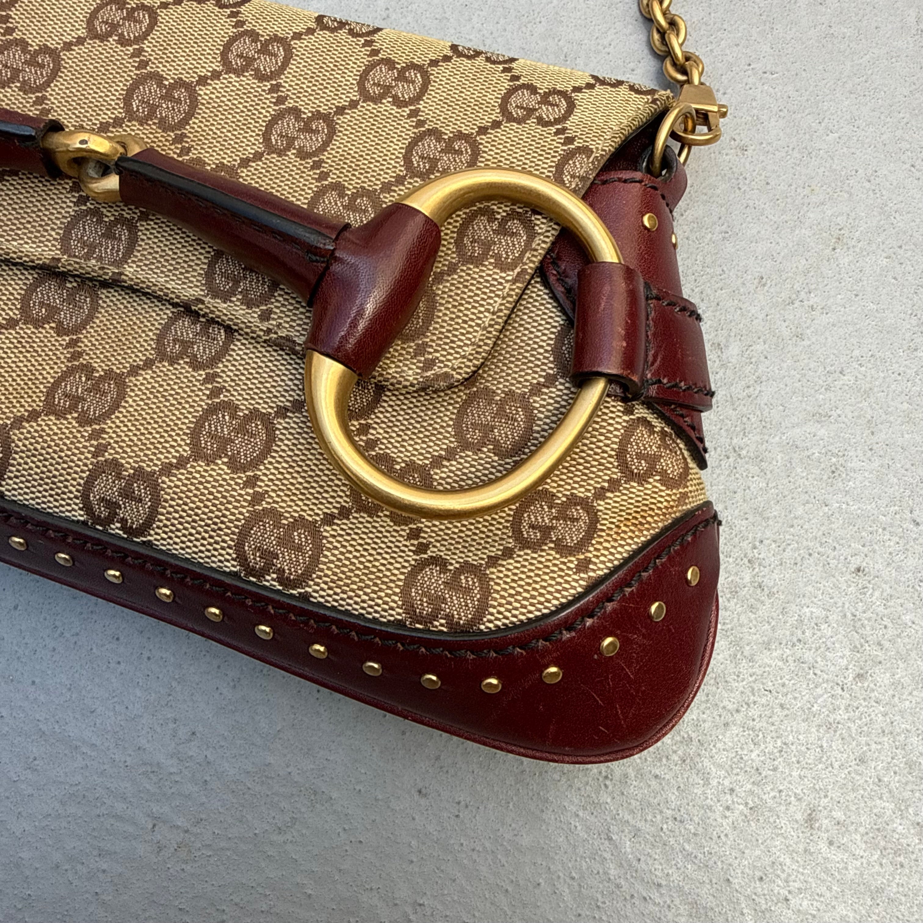 Gucci Tom Ford–Era Horsebit Chain Bag Burgundy and GG Canvas