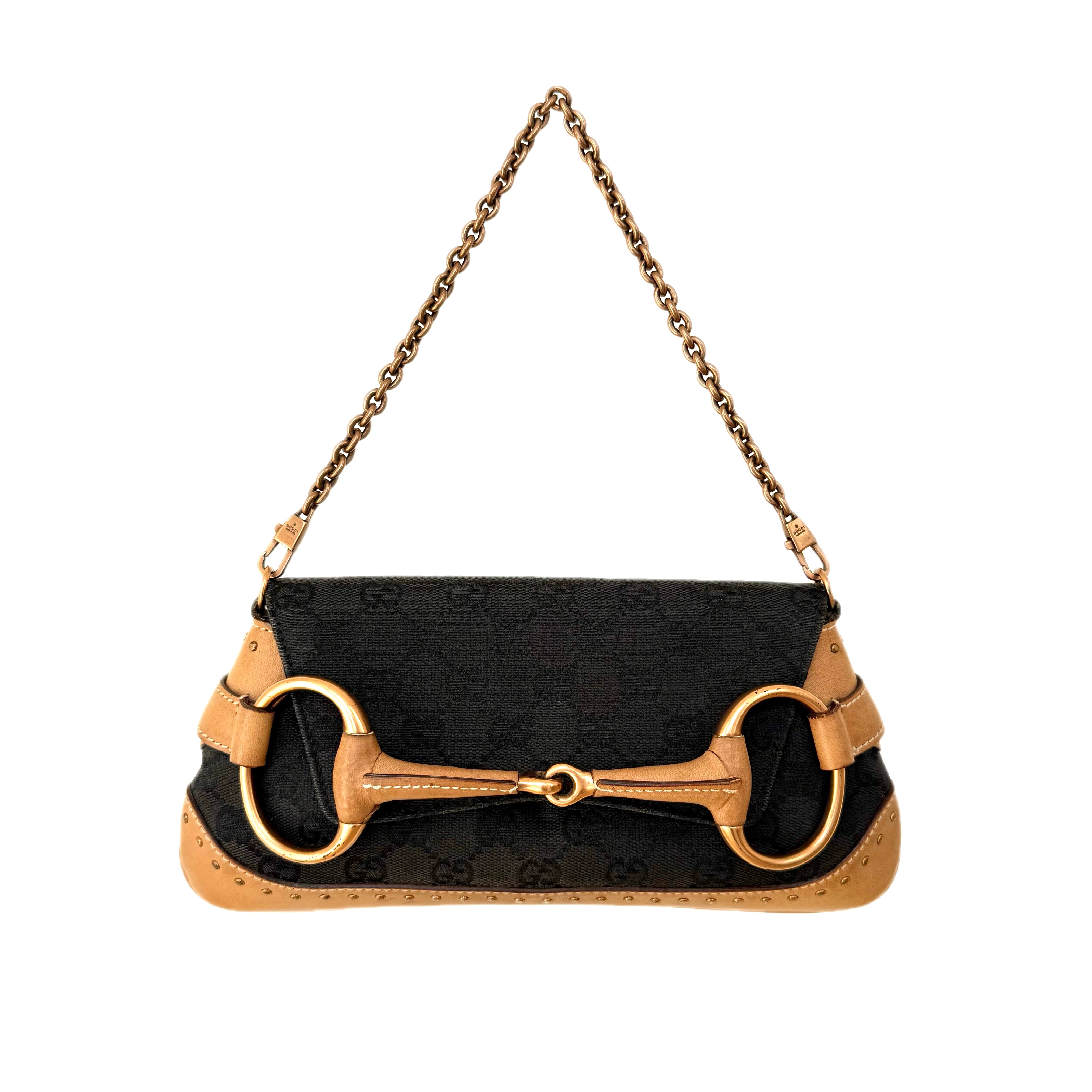 Gucci Tom Ford–Era Horsebit Chain Clutch in Black GG Canvas with 